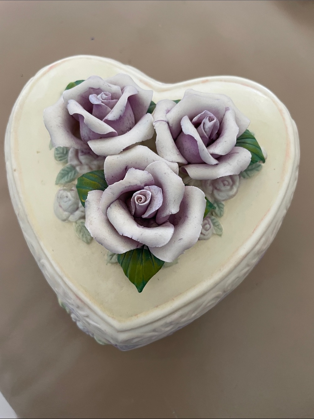 Heart-Shaped Porcelain Trinket Box with Lavender Roses